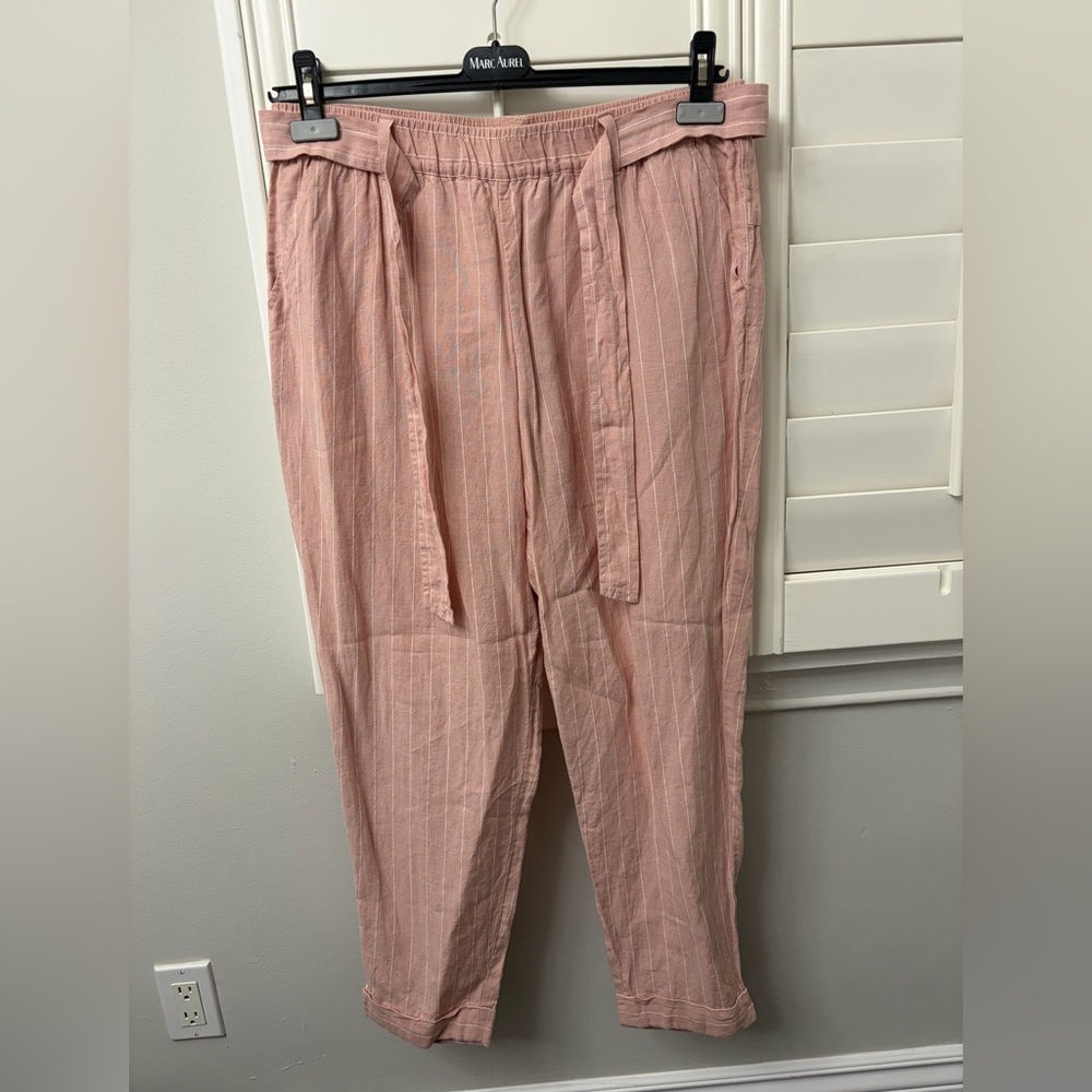 Marc Aurel pinstripe linen pant with drawstring waist and cuffed bottom.